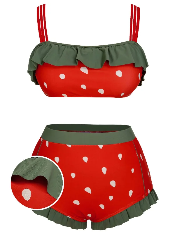 Chic Outfits Minimalist Office - Ready Style [Plus Size] Red 1950s Strawberry Ruffle Strap Swimsuit