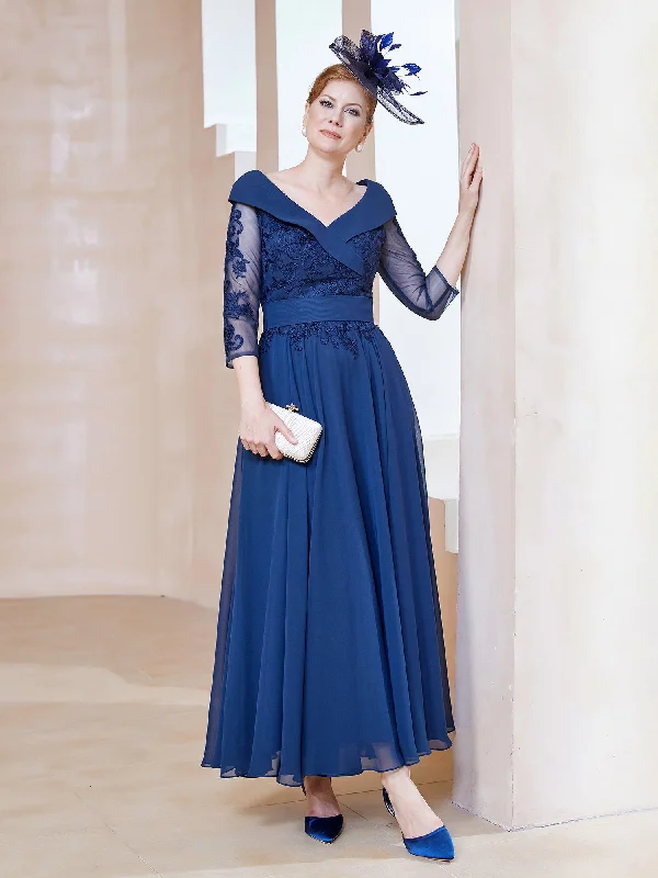 Outlet Clothing Quick Grab Deals A-line V-neck Appliqued Chiffon Dress Navy Blue