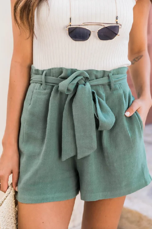 Affordable Luxury Women's Garments Trendy Street Style Bayside Stroll Sage Paperbag Linen Shorts FINAL SALE Affordable Luxury Women's Garments Trendy Street Style Bayside Stroll Sage Paperbag Linen Shorts FINAL SALE
