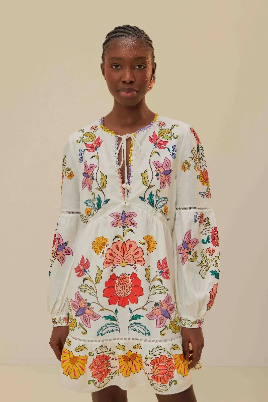 Versatile Outfits Tropical Island - Inspired Attire Off-White Floral Insects Mini Dress Versatile Outfits Tropical Island - Inspired Attire Off-White Floral Insects Mini Dress