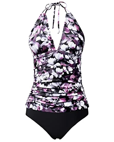 Casual Style for Busy Women New Season Fashion Preview Halter Tankini Swimsuits V Neck And Bikini Bottom Two Piece Tankini-Purple Flower