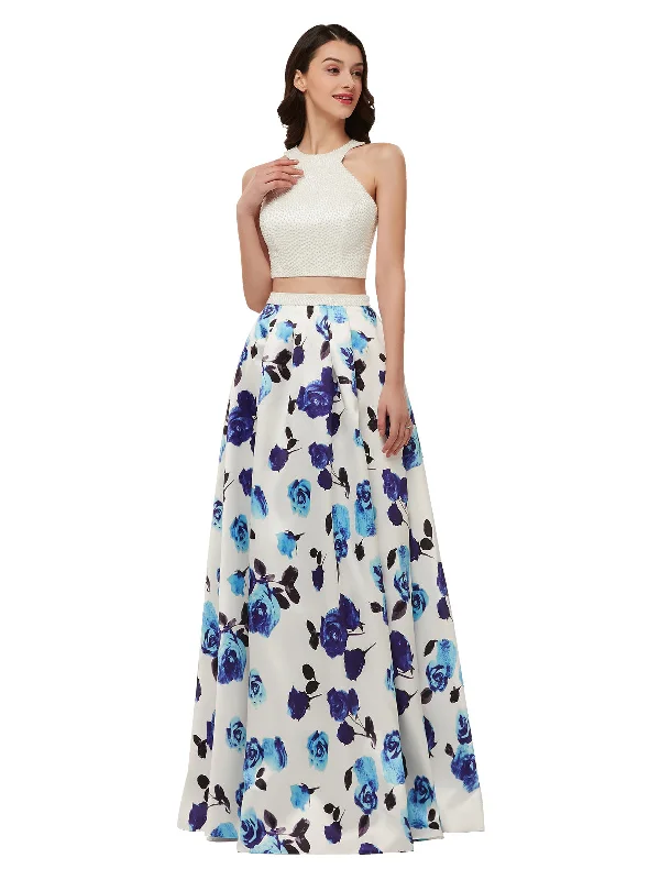 Evening Elegance Bold Patterns 2 Piece Long Gown with Beaded Bodice-Floral