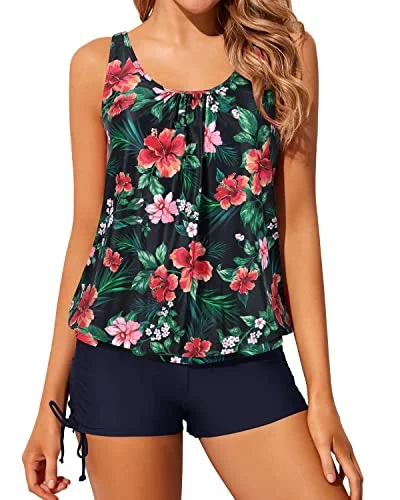 Women's Stylish Vacation Attire Stylish Looks Modest Print Colorful Blouson Tankini Swimsuits For Women-Navy Blue Flowers