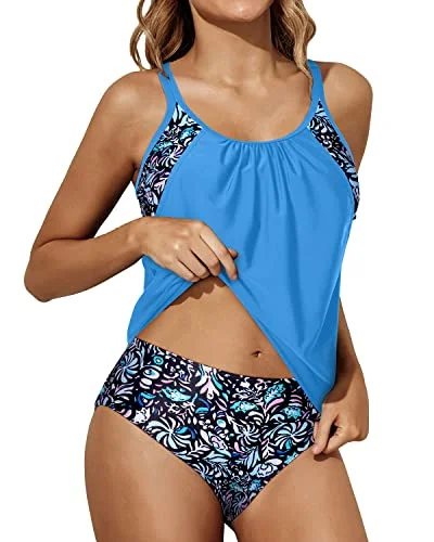 Women's Elegant Apparel Casual Fashion Women's 2 Piece Tankini Swimsuit Set Blouson Top And Bottom-Blue Floral Women's Elegant Apparel Casual Fashion Women's 2 Piece Tankini Swimsuit Set Blouson Top And Bottom-Blue Floral