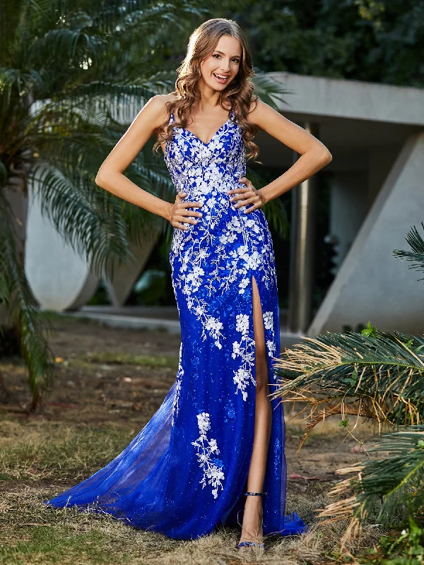 Boutique Dress Online Elevate Your Wardrobe Lace Applique High Slit Fitted Tulle Dress Royal Blue Boutique Dress Online Elevate Your Wardrobe Lace Applique High Slit Fitted Tulle Dress Royal Blue