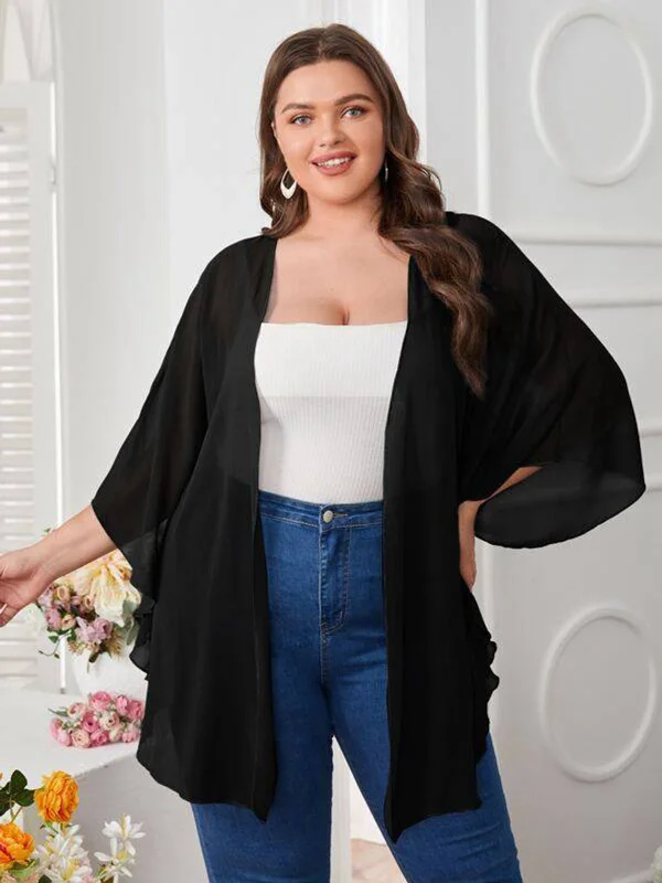 Casual Chic Nordic Minimalist Home Look [Plus Size] Black 1960s Solid Dolman Sleeve Loose Cover Up
