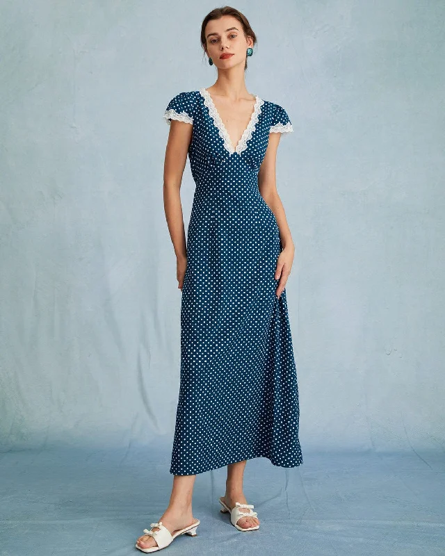Big Sale Event First Order Discount The Navy V Neck Polka Dot Lace Ruched Maxi Dress Big Sale Event First Order Discount The Navy V Neck Polka Dot Lace Ruched Maxi Dress