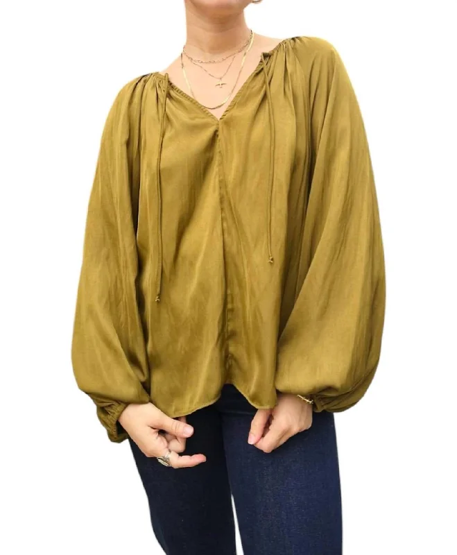 Women's High-Fashion Outfit Timeless Elegance Redefined Satin Ruffle Sleeve Blouse In Moss Women's High-Fashion Outfit Timeless Elegance Redefined Satin Ruffle Sleeve Blouse In Moss