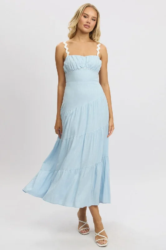 Timeless Women's Outfit Comfort First Women's Fashion Blue Maxi Dress Tiered Ric Rac Timeless Women's Outfit Comfort First Women's Fashion Blue Maxi Dress Tiered Ric Rac