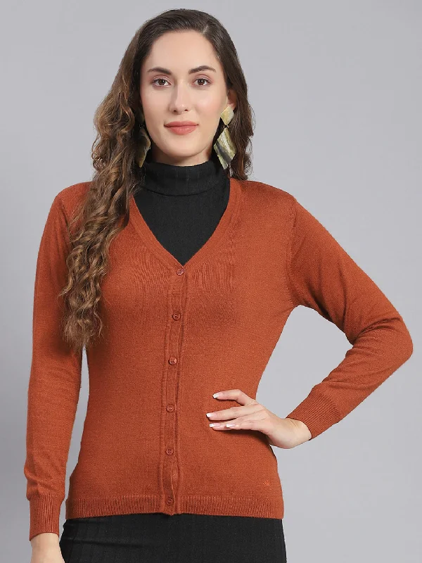 Women's Attire Stylish Basics Women Rust Solid V Neck Full Sleeve Cardigan