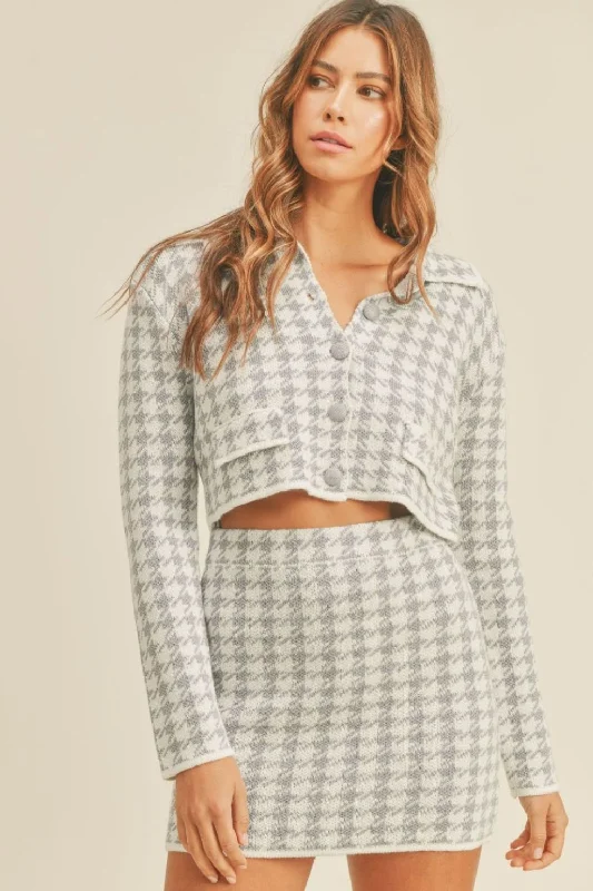 Hot Girl MABLE Houndstooth Cropped Knit Cardigan and Mini Skirt Set In Grey