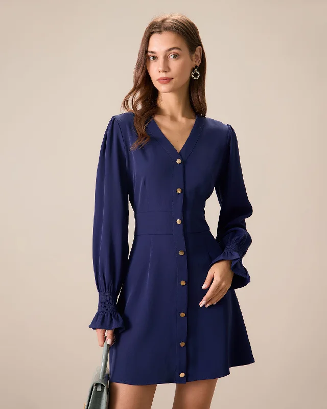 Women's Night-Out Outfit Trendy Urban Attire Women's Navy Ruffle Long Sleeve Mini Dress Women's Night-Out Outfit Trendy Urban Attire Women's Navy Ruffle Long Sleeve Mini Dress