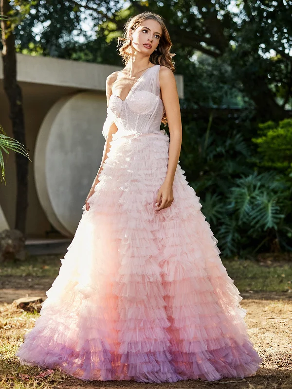 Current Trends Flash Sale One Shoulder Flowy Ruffle Skirt Tulle Ball Gown Pink