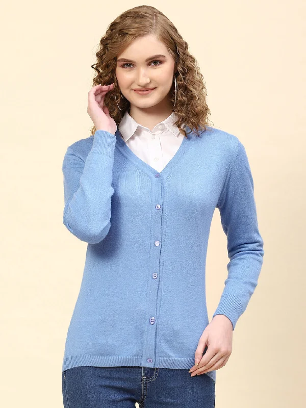 Women's Holiday Attire Best Sellers Women Sky Blue Solid V Neck Full Sleeve Cardigan Women's Holiday Attire Best Sellers Women Sky Blue Solid V Neck Full Sleeve Cardigan