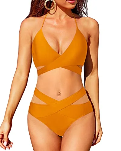 Formal Garments For Women Trend Alert Flattering Halter Neck Bikini Top With Front Cross Ties-Yellow Formal Garments For Women Trend Alert Flattering Halter Neck Bikini Top With Front Cross Ties-Yellow