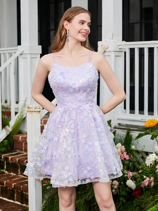 Women's Seasonal Attire Fashion Deal Floral Spaghetti Straps Lace A-line Mini HOCO Dress Lilac Women's Seasonal Attire Fashion Deal Floral Spaghetti Straps Lace A-line Mini HOCO Dress Lilac