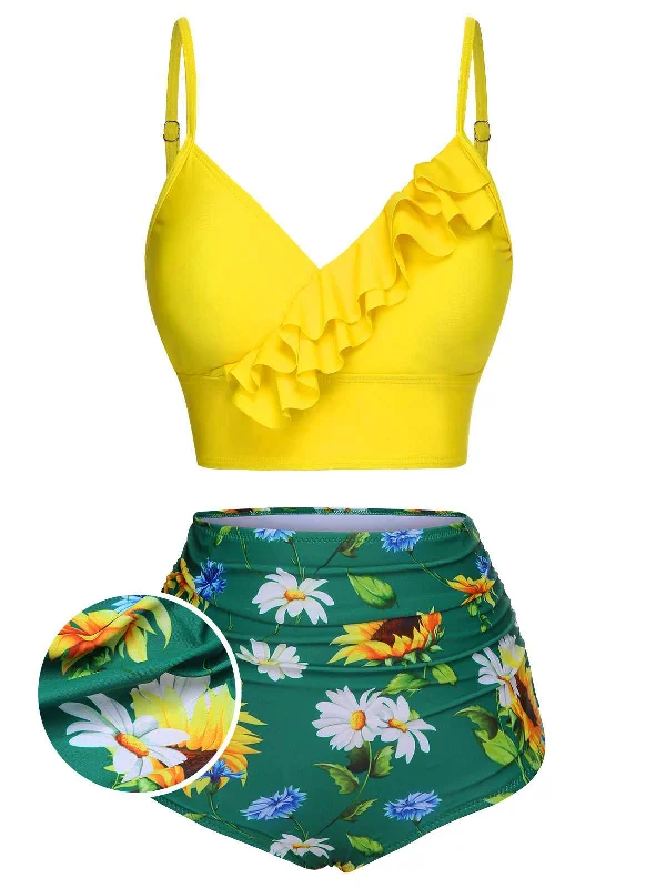 Women's Athleisure Apparel Minimalist Style 2PCS Yellow 1950s Sunflower Ruffles V-Neck Swimsuit Women's Athleisure Apparel Minimalist Style 2PCS Yellow 1950s Sunflower Ruffles V-Neck Swimsuit