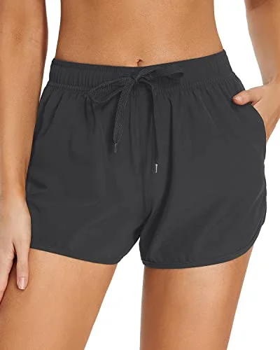 Bold and Elegant Women's Fashion Limited Stock, Big Sale Athletic Women's Swim Shorts Pockets Drawstring Swim Bottom Trunks-Grey