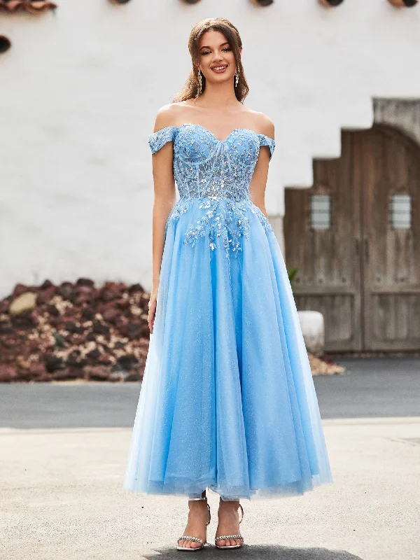Relaxed Style Mid Season Sale Off-the-shoulder A-line Sequins Dress with Beaded Blue