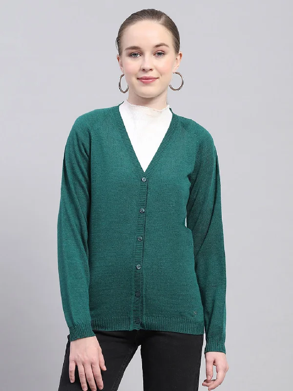 End of Season Sale Clearance Event Women Green Solid V Neck Full Sleeve Cardigan