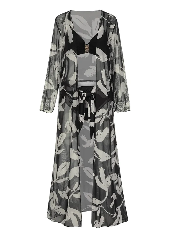 Sophisticated Outfits Disco - Inspired Retro Dance Look Black 1970s Leaves Strap Bikini & Long Cover-Up Sophisticated Outfits Disco - Inspired Retro Dance Look Black 1970s Leaves Strap Bikini & Long Cover-Up