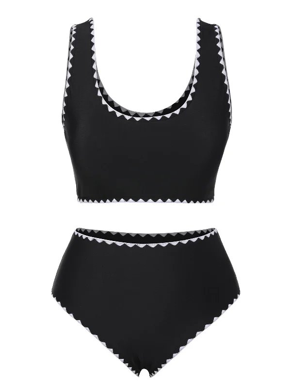 Luxury Fashion Best Sellers Black 1950s Solid Jagged Edge Swimsuit