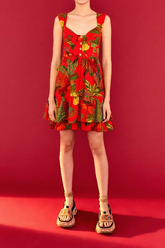Classic Women's Apparel Bold Prints Casual Chic Red Forest Birds Mini Dress