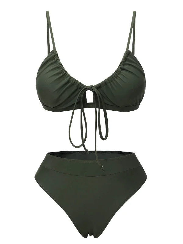 City Fashion Beat The Heat In Tropical Styles Army Green 1950s Solid Drawstring Halter Bikini City Fashion Beat The Heat In Tropical Styles Army Green 1950s Solid Drawstring Halter Bikini