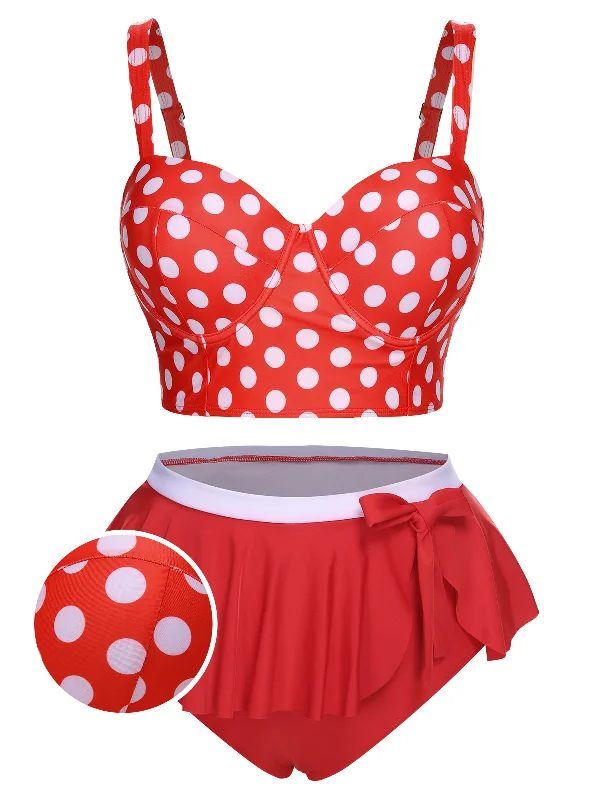 Seasonal Trends Casual Elegance [Plus Size] 1930s Polka Dot Suspender Swimsuit Set