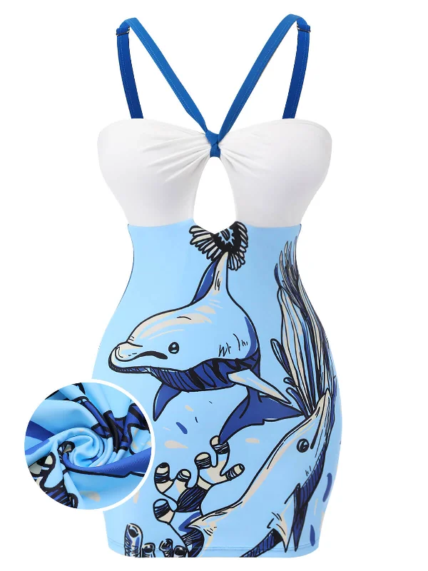 Fashion Essentials Sophisticated Cut Blue 1940s Dolphin Halter One-piece Swimsuit