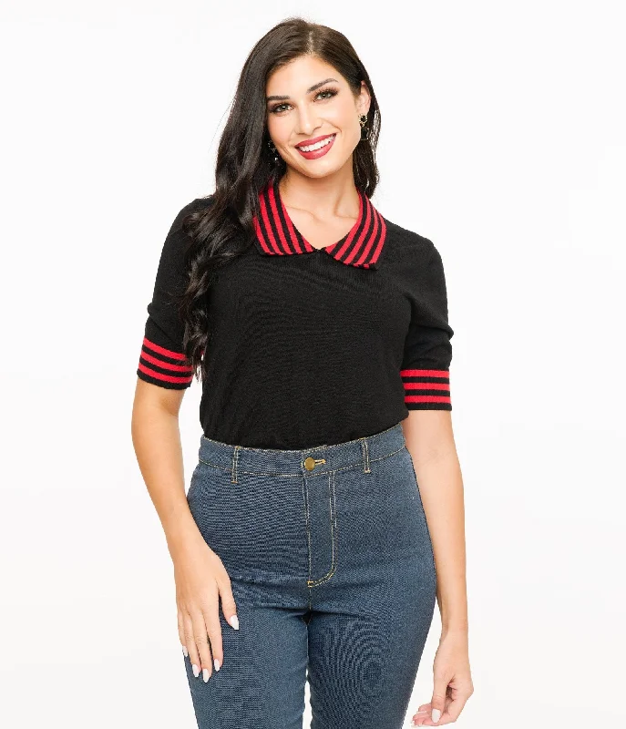 Luxury Women's Fashion Additional Time-Limited Offers Black & Red Striped Collar Knit Sweater Luxury Women's Fashion Additional Time-Limited Offers Black & Red Striped Collar Knit Sweater