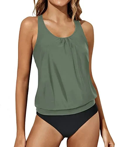 Women's Timeless Attire Trendy Styles Blouson Two Piece Tankini Swimsuits Women Tummy Control Bathing Suits-Olive Green