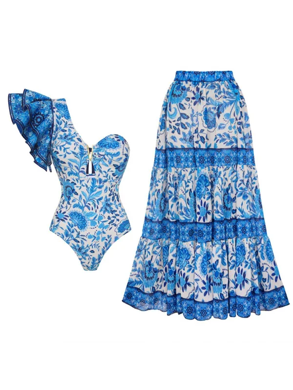 Chic And Comfortable Save On Classic Elegant Styles 2PCS Blue 1950s One-Shoulder Print Swimsuit & Cover-Up Chic And Comfortable Save On Classic Elegant Styles 2PCS Blue 1950s One-Shoulder Print Swimsuit & Cover-Up