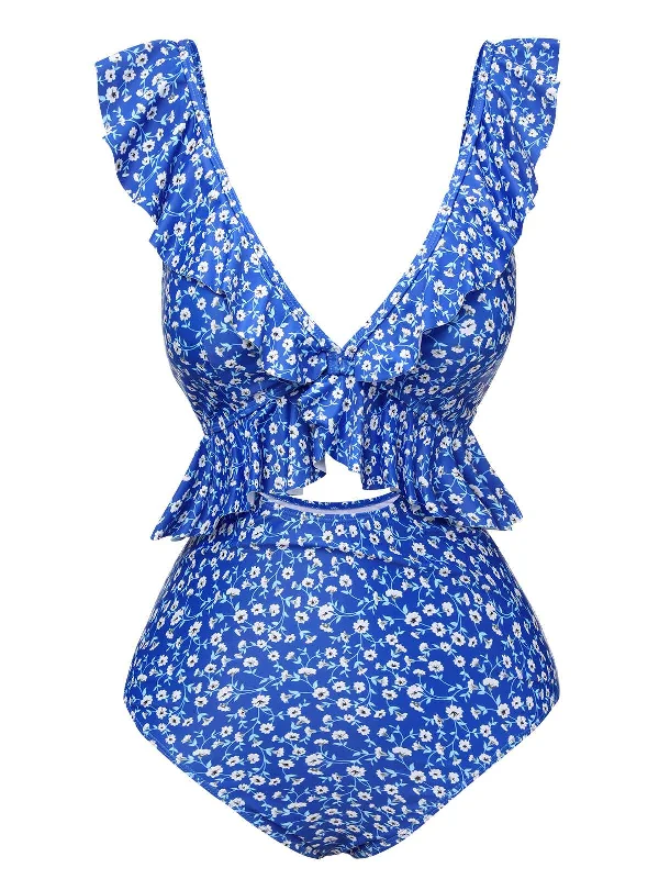 Stylish Savings Feminine Grace Blue 1950s Floral Ruffles One-Piece Swimsuit