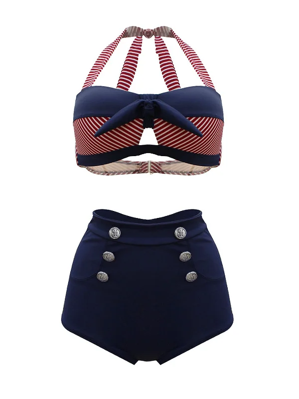 Women's Garments Fashionista Favorites Stripe Patchwork Bow Halter Bikini