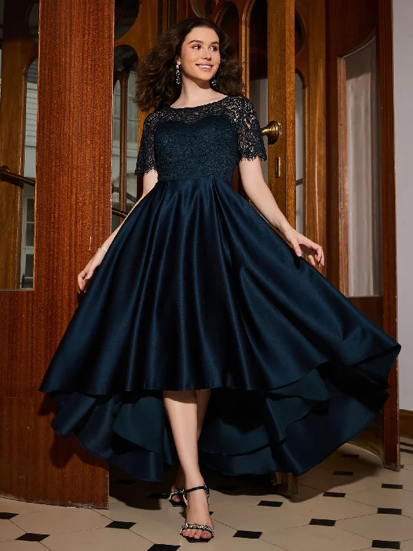 Comfortable Garments For Women Day To Night Styles A-line Short Sleeve Lace Pleated Asymmetrical Dress Dark Navy Comfortable Garments For Women Day To Night Styles A-line Short Sleeve Lace Pleated Asymmetrical Dress Dark Navy