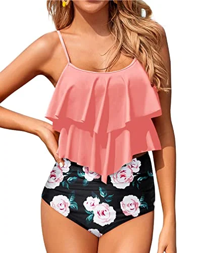 Women's High-Fashion Apparel Boho Chic Fashion Two Piece Cute Tiered Ruffle Tankini Swimsuits For Women-Coral Pink Floral Women's High-Fashion Apparel Boho Chic Fashion Two Piece Cute Tiered Ruffle Tankini Swimsuits For Women-Coral Pink Floral