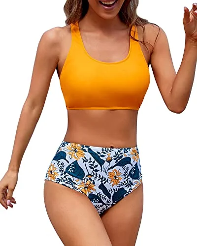 Women's Holiday Outfit Style Revolution Athletic Women's Bikini Sports Crop Top Swimsuit For Teens-Yellow Floral Women's Holiday Outfit Style Revolution Athletic Women's Bikini Sports Crop Top Swimsuit For Teens-Yellow Floral