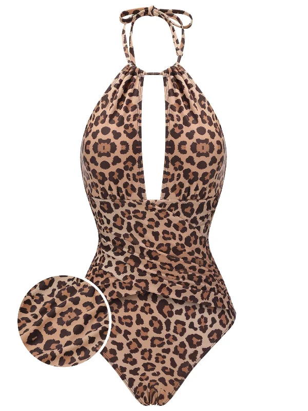 Women's Evening Wear Crazy Price Slashing Brown 1930s Leopard V-Neck Halter Swimsuit Women's Evening Wear Crazy Price Slashing Brown 1930s Leopard V-Neck Halter Swimsuit