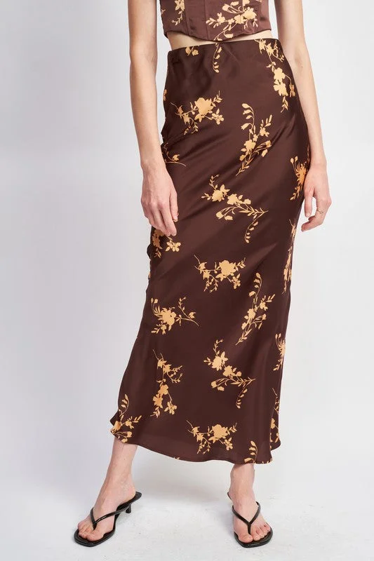 Hot Girl Peruvian Lily Floral Satin Maxi Skirt In Brown