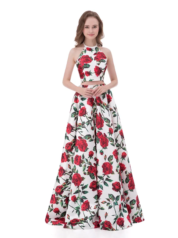 Sophisticated Outfits Disco - Inspired Retro Dance Look Halter Two Piec Red Rose Floral Dress-Floral Sophisticated Outfits Disco - Inspired Retro Dance Look Halter Two Piec Red Rose Floral Dress-Floral