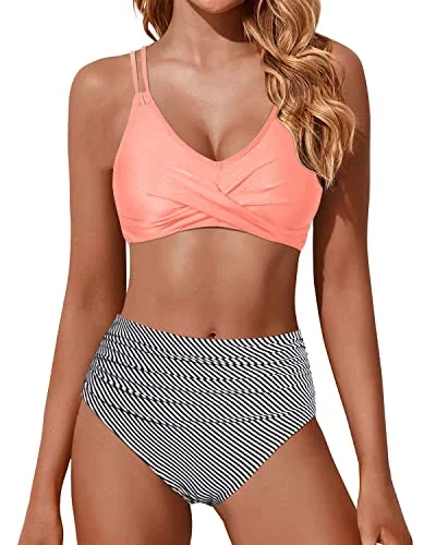 Women's Outerwear Garments Latest Trends Ruched High Waisted Bikini Set Two Piece Swimsuits Push Up Wrap Swim Suits-Coral Pink Stripe Women's Outerwear Garments Latest Trends Ruched High Waisted Bikini Set Two Piece Swimsuits Push Up Wrap Swim Suits-Coral Pink Stripe