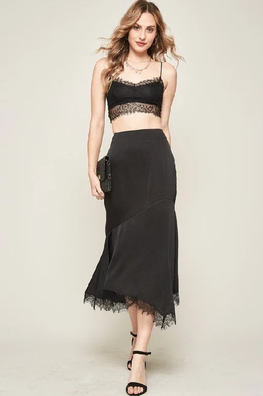 Hot Girl Satin Lace Detail Midi Skirt In Black