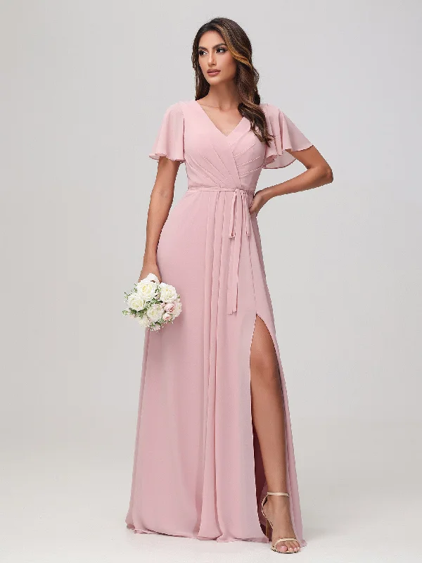 Bold Fashion Classic Timeless Elegant Style Flutter Sleeves Ruched Chiffon Dress with Sash Dusty Rose Bold Fashion Classic Timeless Elegant Style Flutter Sleeves Ruched Chiffon Dress with Sash Dusty Rose