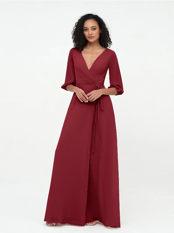 Casual Chic Clothing Limited Stock Deep V-neck 1/2 Sleeves Chiffon Max Dresses-Burgundy Casual Chic Clothing Limited Stock Deep V-neck 1/2 Sleeves Chiffon Max Dresses-Burgundy