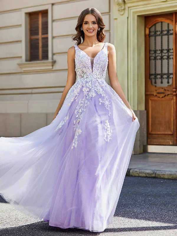 End of Season Sale Clearance Event Plunging V-Neck Open Back Tulle Gown Lilac