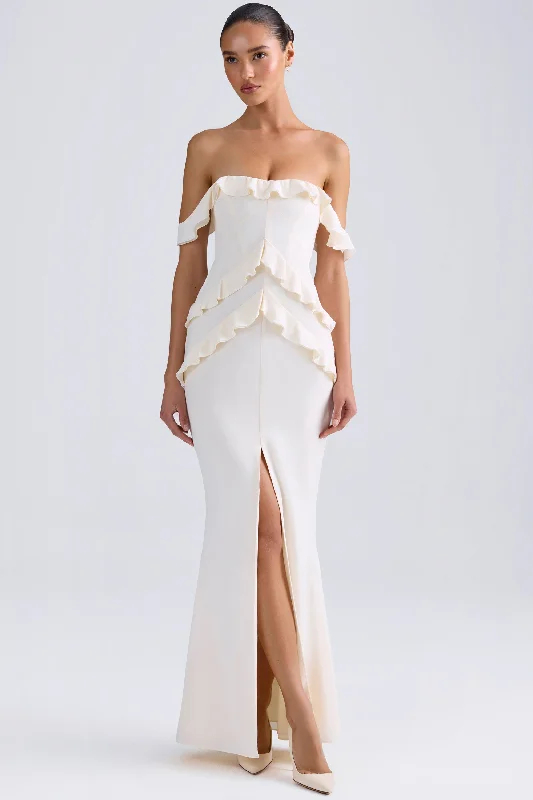 Colorful Clothing Chic Urban Fashion Look Off-Shoulder Ruffle-Trim Gown in Ivory