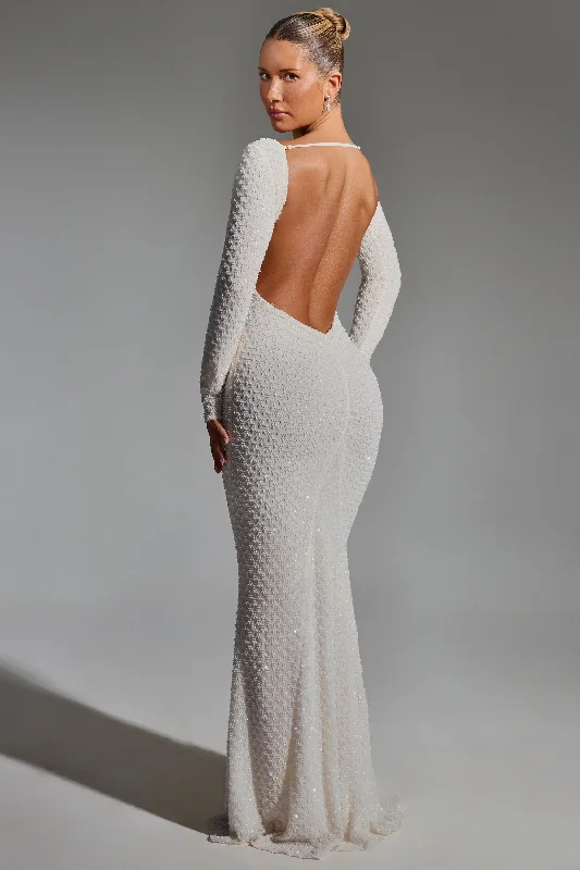 Online Boutiques Best Fashion Forward Outfits Embellished Open-Back Gown in White