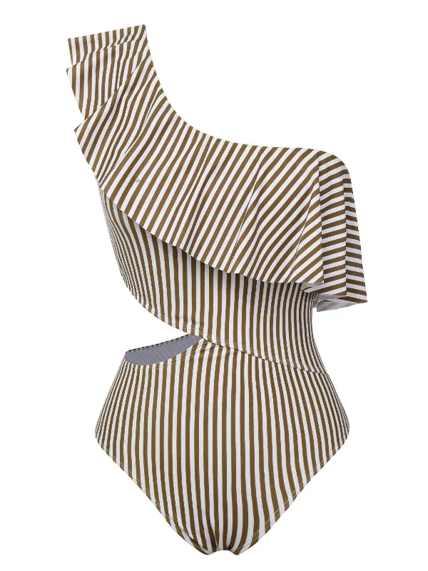 Wardrobe Upgrade Graceful Drape 1970s One-Shoulder Stripes Ruffles One-Piece Swimsuit Wardrobe Upgrade Graceful Drape 1970s One-Shoulder Stripes Ruffles One-Piece Swimsuit