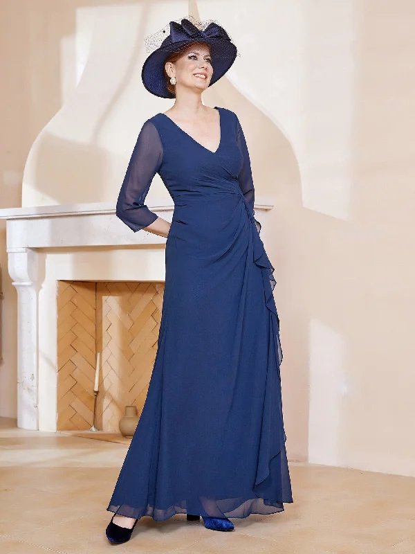 Clothes For Women Summer Fashion 3/4-Length Sleeves V-neck Pleated Long Dress Dark Navy Clothes For Women Summer Fashion 3/4-Length Sleeves V-neck Pleated Long Dress Dark Navy